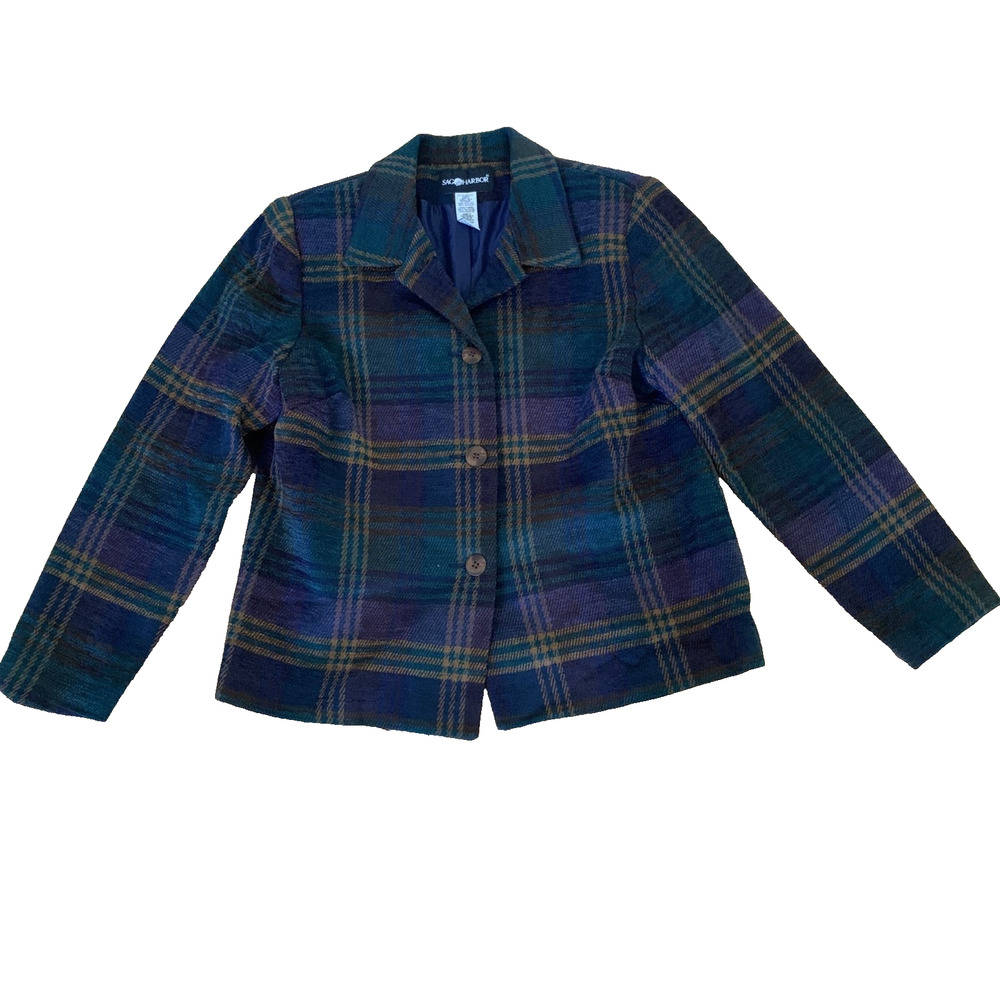 SAG HARBOR WOMEN'S BUTTON FRONT LINED PLAID BLAZER SIZE 10-EUC